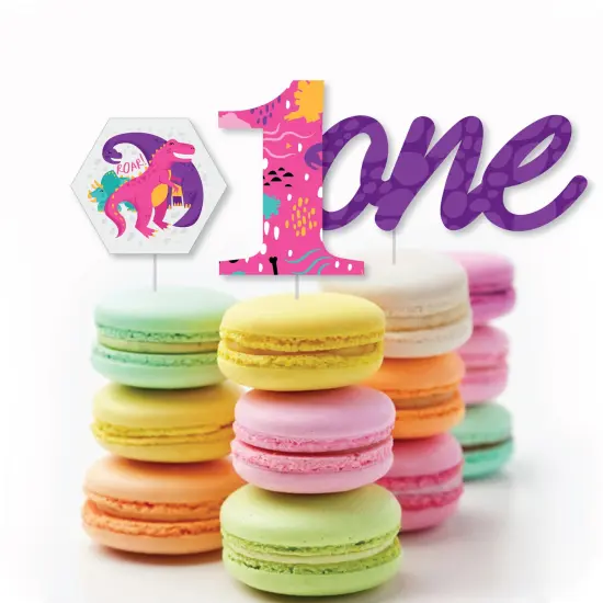 Big Dot of Happiness 1st Birthday Roar Dinosaur Girl - Dessert Cupcake Toppers - ONEasaurus Dino First Birthday Party Clear Treat Picks - Set of 24 {6}
