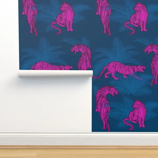 Pre-Pasted Wallpaper 2FT Wide Maximalist Tigers Neon Pink Opulent Jungle Large Scale Hollywood Regency Custom Pre-pasted Wallpaper by Spoonflower {2}