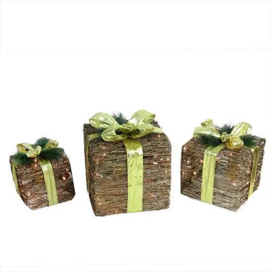 Northlight Lighted Glitter Rattan Gift Boxes Christmas Decoration - 12" - Clear Lights - Set of 3 Brown {1}