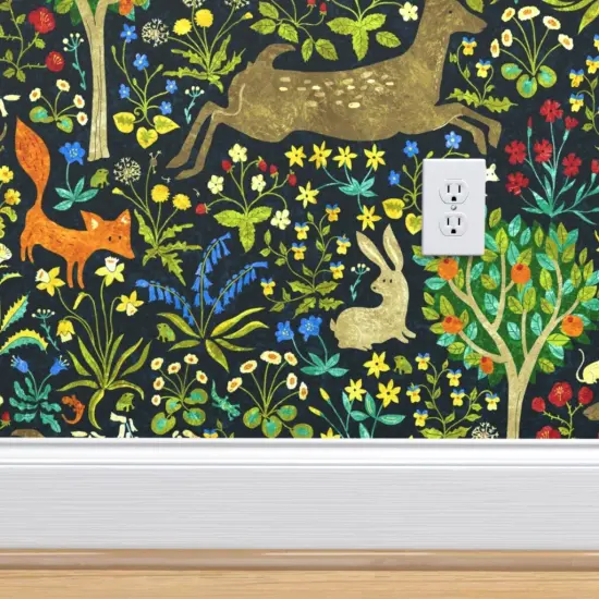 Pre-Pasted Wallpaper 2FT Wide Medieval Animals Vintage Look Woodland Deer Fox Forest Wildflowers Custom Pre-pasted Wallpaper by Spoonflower {4}