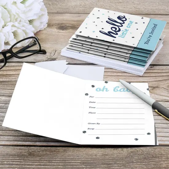 Big Dot of Happiness Hello Little One - Blue and Silver - Fill In Boy Baby Shower Party Invitations (8 count) {6}