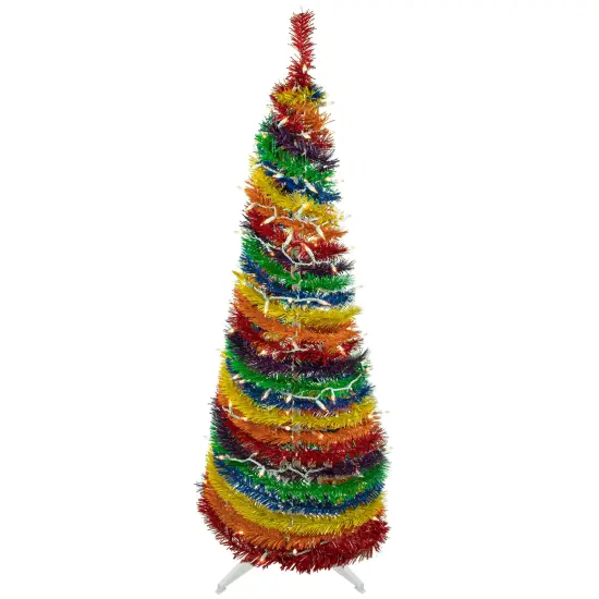 Northlight 4' Pre-Lit Rainbow Tinsel Pop-Up Artificial Christmas Tree, Clear Lights Multi {1}