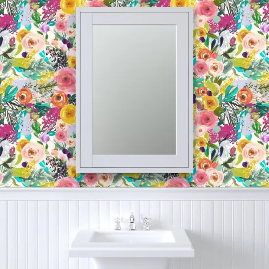 Pre-Pasted Wallpaper 2FT Wide Watercolor Floral Botanical Spring Nursery Roses Foliage Large Scale Custom Pre-pasted Wallpaper by Spoonflower {6}