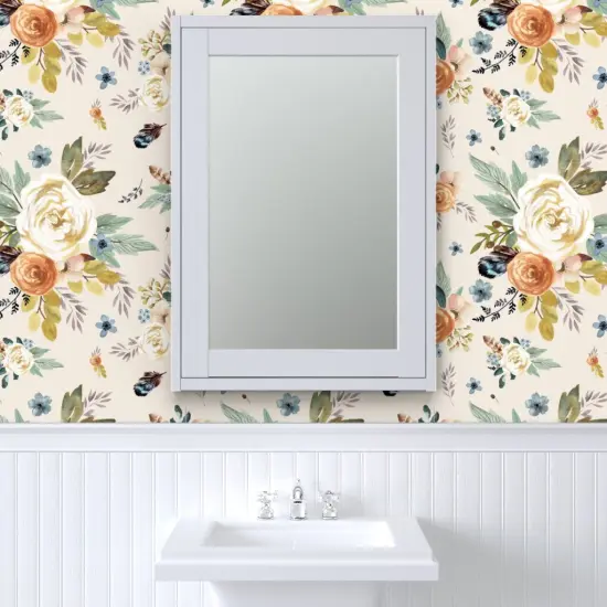 Peel & Stick Wallpaper 2FT Wide Western Autumn Florals Ivory Rustic Floral Watercolor Boho Chic Feather Woodland Girly Custom Removable Wallpaper by Spoonflower {6}