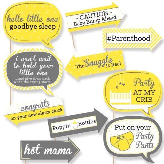 Big Dot of Happiness Funny Yellow and Gray - Hello Little One - Baby Shower Photo Booth Props Kit - 10 Piece {1}