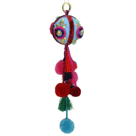 Northlight 10.25" Blue and Red Ball with Pompoms Christmas Ornament {1}