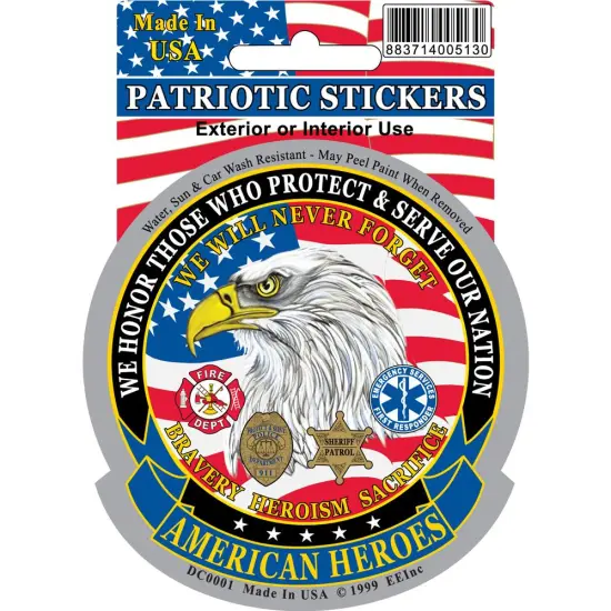 American Heroes Sticker Fire Department, Police, EMT American Flag 3 -1/2" {1}
