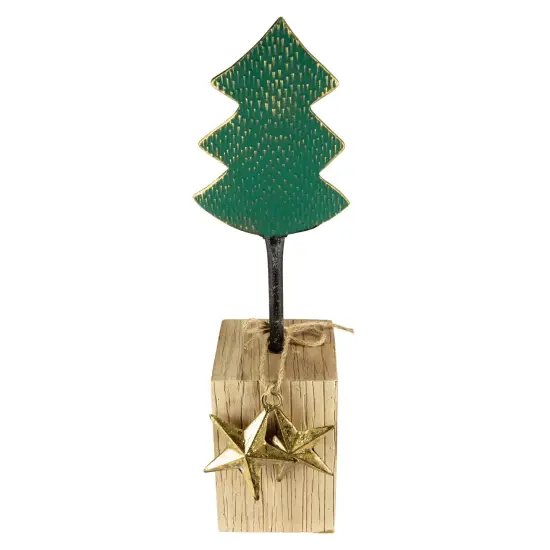 Northlight Metal Tree with Stars and Chunky Wooden Base Christmas Decoration - 16.75" - Green {1}