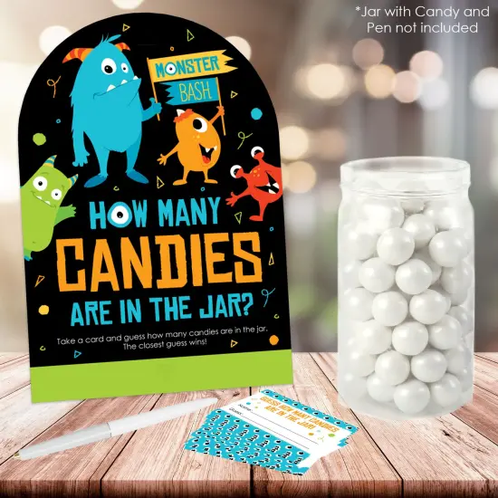 Big Dot of Happiness Monster Bash - How Many Candies Little Monster Birthday Party or Baby Shower Game - 1 Stand and 40 Cards - Candy Guessing Game {3}