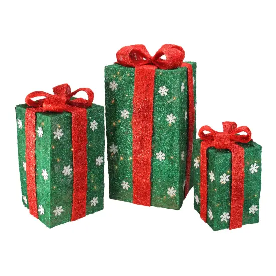 Northlight Set of 3 Lighted Tall Green Gift Boxes with Red Bows Christmas Outdoor Decorations 18" {1}