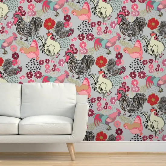 Pre-Pasted Wallpaper 2FT Wide Rooster Parade Barnyard Chickens Farm Birds Floral Print Roosters Fowl Pink Custom Pre-pasted Wallpaper by Spoonflower {5}