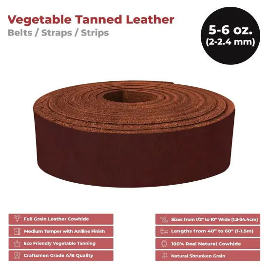 European Leather Work 5-6 oz. (2-2.4mm) Vegetable Tanned Leather Belt Blanks Shrunken Grain Cowhide Leather Straps/Strips for DIY, Tooling, Engraving, Carving {4}