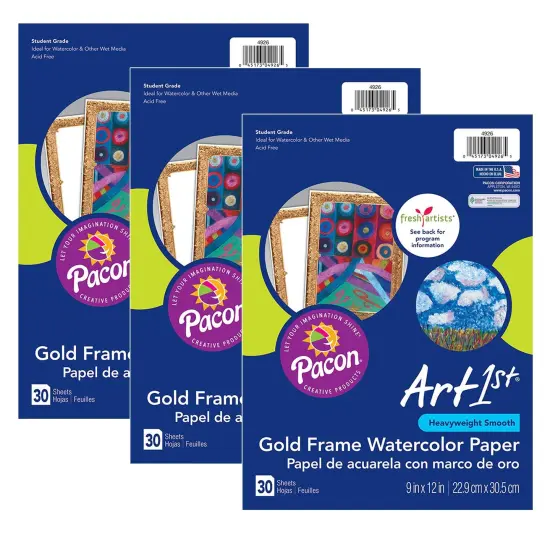 Watercolor Paper, Gold Frame, 9" x 12", 30 Sheets Per Pack, 3 Packs {1}