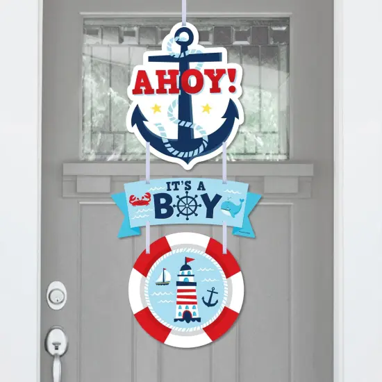 Big Dot of Happiness Ahoy It's a Boy - Hanging Porch Nautical Baby Shower Outdoor Decorations - Front Door Decor - 3 Piece Sign {1}