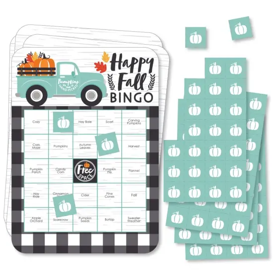 Big Dot of Happiness Happy Fall Truck - Bingo Cards and Markers - Harvest Pumpkin Party Shaped Bingo Game - Set of 18 {1}
