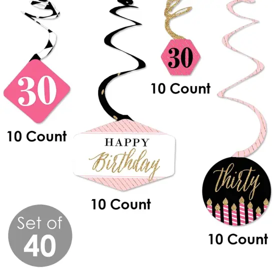 Big Dot of Happiness Chic 30th Birthday - Pink, Black and Gold - Birthday Party Hanging Decor - Party Decoration Swirls - Set of 40 {6}
