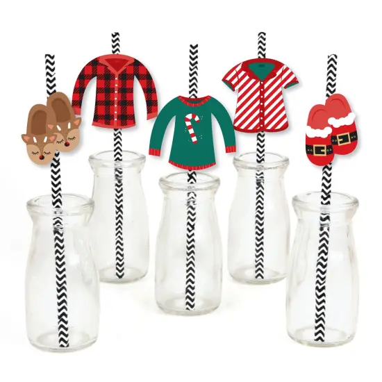 Big Dot of Happiness Christmas Pajamas - Paper Straw Decor - Holiday Plaid PJ Party Striped Decorative Straws - Set of 24 {1}