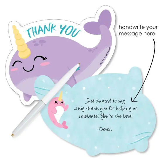 Big Dot of Happiness Narwhal Girl - Shaped Thank You Cards - Under The Sea Baby Shower or Birthday Party Thank You Note Cards & Envelopes - Set of 12 {3}