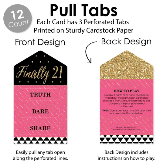 Big Dot of Happiness Finally 21 Girl - 21st Birthday Party Game Pickle Cards - Truth, Dare, Share Pull Tabs - Set of 12 {4}