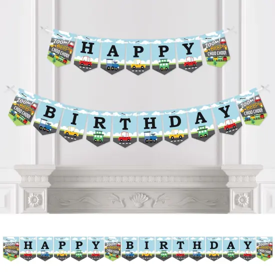 Big Dot of Happiness Cars, Trains, and Airplanes - Transportation Birthday Party Bunting Banner - Party Decorations - Happy Birthday {1}