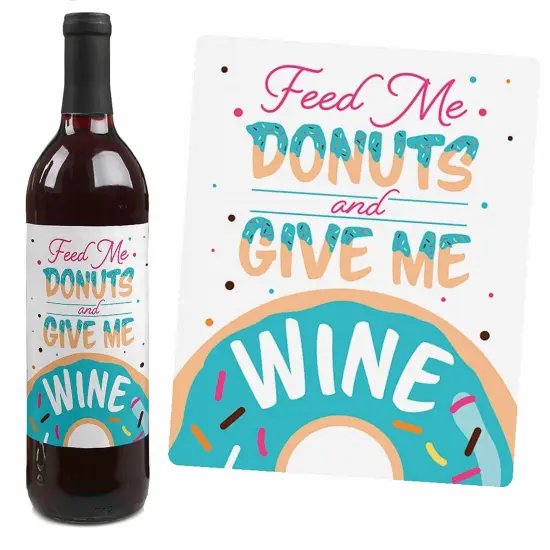 Big Dot of Happiness Donut Worry, Let's Party - Doughnut Party Decorations for Women and Men - Wine Bottle Label Stickers - Set of 4 {7}