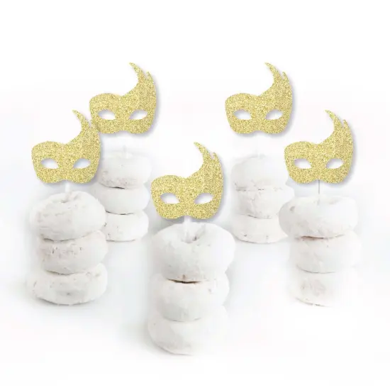 Big Dot of Happiness Gold Glitter Masks - No-Mess Real Glitter Dessert Cupcake Toppers - Mardi Gras Masquerade Party Clear Treat Picks - Set of 24 {3}