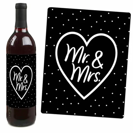 Big Dot of Happiness Mr. and Mrs. - Black and White Wedding or Bridal Shower Decorations for Women and Men - Wine Bottle Label Stickers - Set of 4 {4}