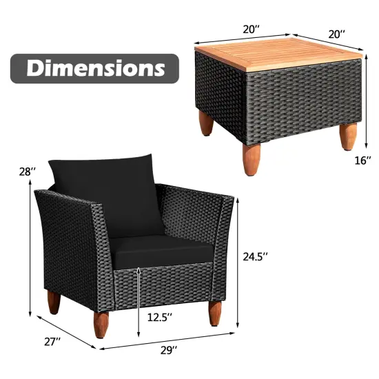 3 Pieces Outdoor Patio Rattan Furniture Set Black {4}