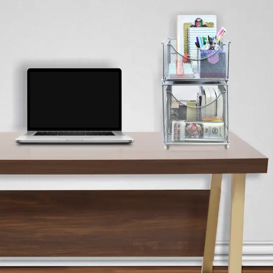 Sorbus Mesh Cabinet Organizer Basket With Sliding Drawer &mdash;Stackable, Ideal for Countertop, Cabinet, Pantry, Under the Sink, Desktop and More Silver {4}