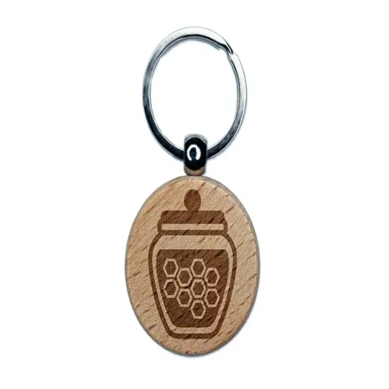 Honey Jar with Honeycomb Engraved Wood Round Keychain Tag Charm {1}