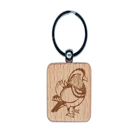 Majestic Mandarin Duck Engraved Wood Square Keychain Tag Charm {1}