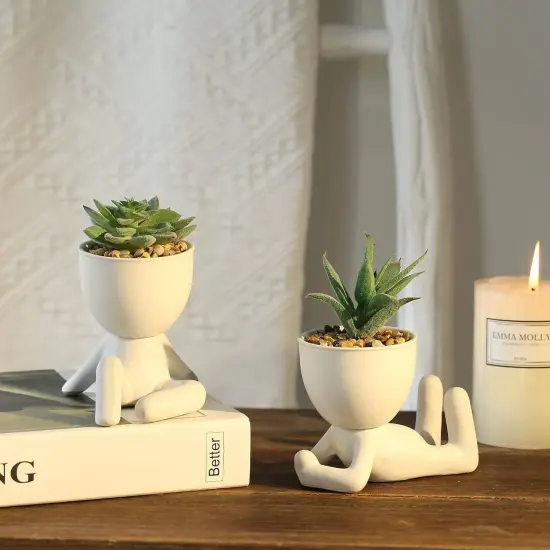 Fake Succulent Plants Artificial Potted Succulents Faux Mini Succulents Human Shape Ceramic Pots White or Home Office Decor {3}