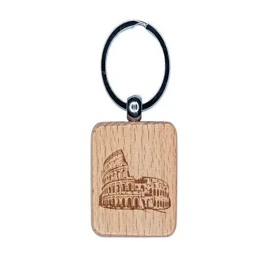 Roman Rome Colosseum Amphitheatre Italy Landmark Engraved Wood Square Keychain Tag Charm {1}