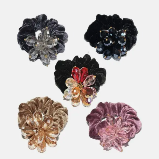 Kitcheniva Crystal Flower Scrunchies Hair Tie For Women Caffee {2}