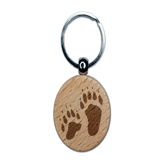 Bear Tracks Animal Paw Prints Engraved Wood Round Keychain Tag Charm {1}