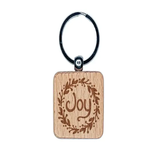 Joy in Wreath Christmas Engraved Wood Square Keychain Tag Charm {1}