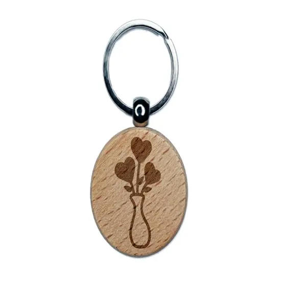 Vase of Heart Flowers Valentine's Day Engraved Wood Round Keychain Tag Charm {1}