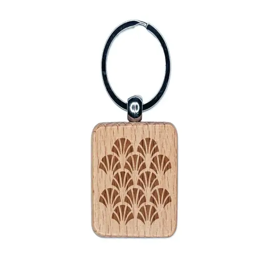 Geometric Fish Scale Trees Art Deco Pattern Engraved Wood Square Keychain Tag Charm {1}