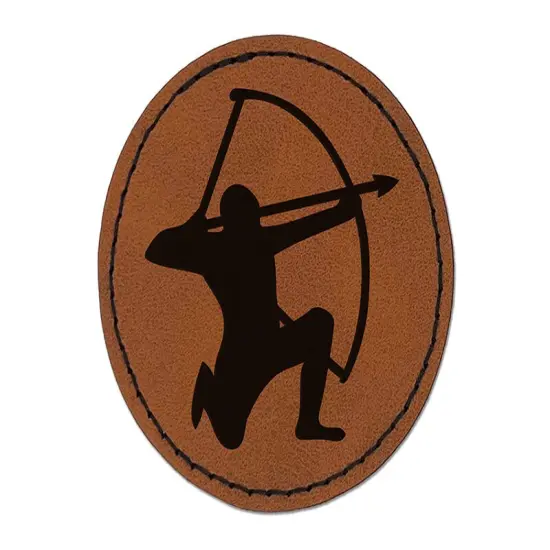 Archer Kneeling with Bow Drawn Archery Round Iron-On Engraved Faux Leather Patch Applique - 2.5" Brown {1}