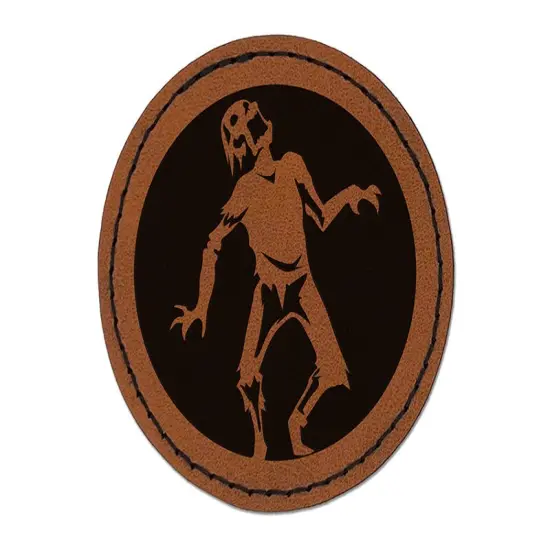 Zombie Shambling Walking Undead Round Iron-On Engraved Faux Leather Patch Applique - 2.5" Brown {1}