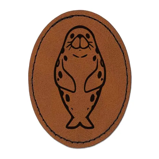 Spotted Seal Floating Upright Round Iron-On Engraved Faux Leather Patch Applique - 2.5" Brown {1}