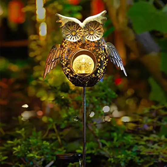 Solar Lights Outdoor Owl Decorative Metal Stakes Lights Crackle Glass Light for Lawn, Yard Art, Pathway, Patio Decor(Bronze) {1}