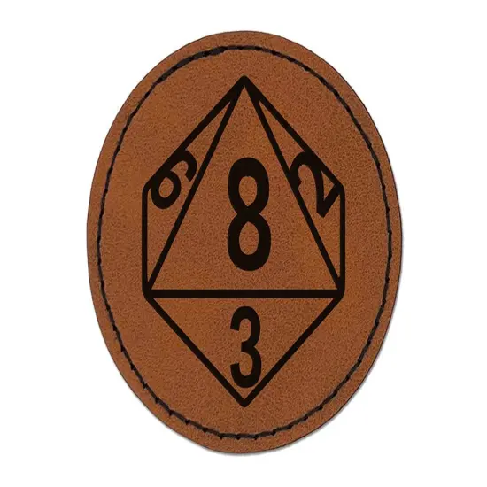 D8 8 Sided Gaming Gamer Dice Critical Role Round Iron-On Engraved Faux Leather Patch Applique - 2.5" Brown {1}