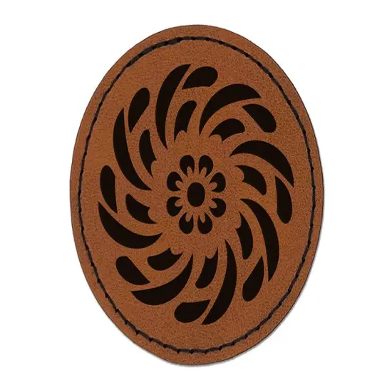 Swirling Geometrical Flower Round Iron-On Engraved Faux Leather Patch Applique - 2.5" Brown {1}