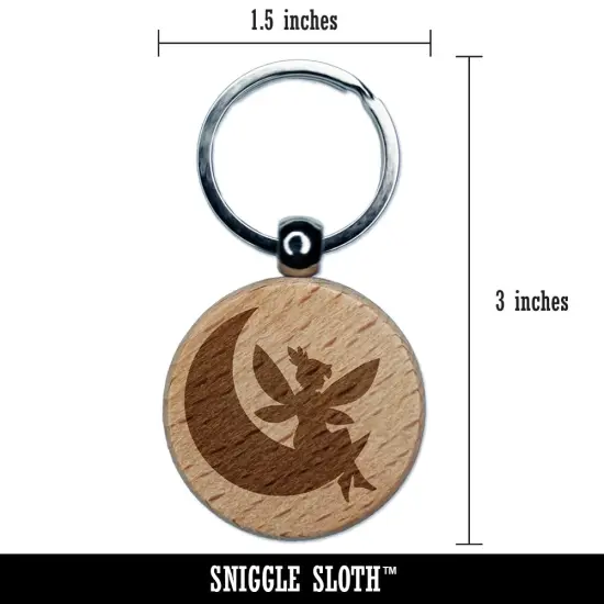 Fairy With Butterfly Wings Sitting on Moon Fantasy Engraved Wood Round Keychain Tag Charm {2}