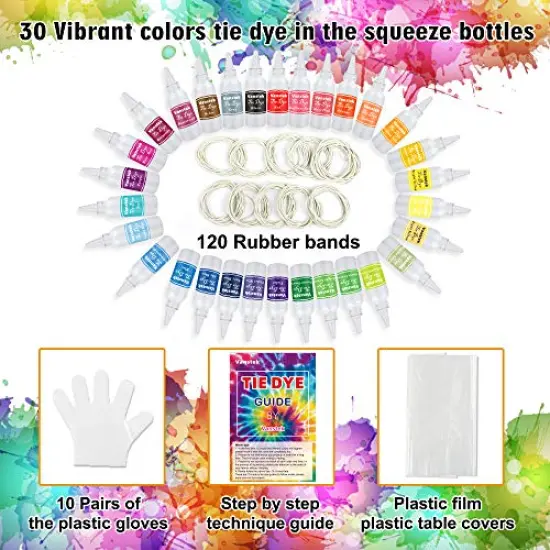 30 Colors Tie Dye Kit, Tie Dye Shirt Fabric Dye for Women, Kids, Men, with Rubber Bands, Gloves, Plastic Film and Table Covers for Family Friends Groups Party Supplies {5}