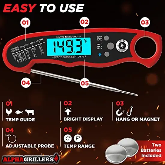 Instant Read Meat Thermometer for Grill and Cooking. Best Waterproof Ultra Fast Thermometer with Backlight & Calibration. Digital Food Probe for Kitchen, Outdoor Grilling and BBQ! {5}