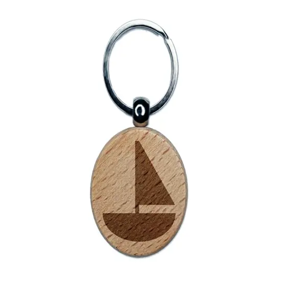 Sail Boat Solid Engraved Wood Round Keychain Tag Charm {1}