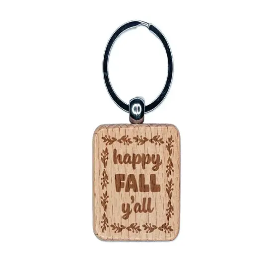 Happy Fall Y'all Autumn Foliage Engraved Wood Square Keychain Tag Charm {1}