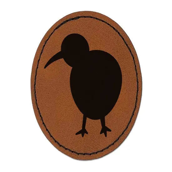 Kiwi Bird Solid Round Iron-On Engraved Faux Leather Patch Applique - 2.5" Brown {1}